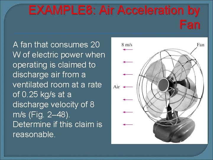 EXAMPLE 8: Air Acceleration by Fan A fan that consumes 20 W of electric