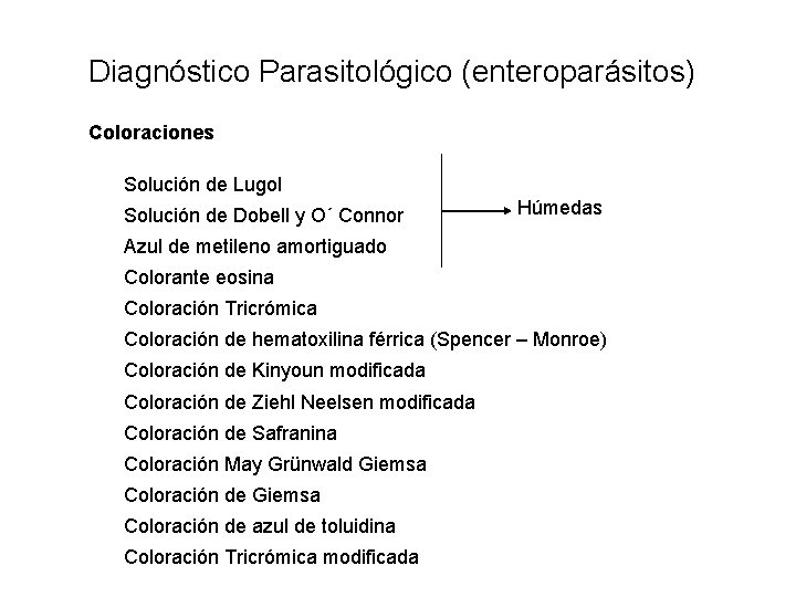 Diagnóstico Parasitológico (enteroparásitos) Coloraciones Solución de Lugol Solución de Dobell y O´ Connor Húmedas