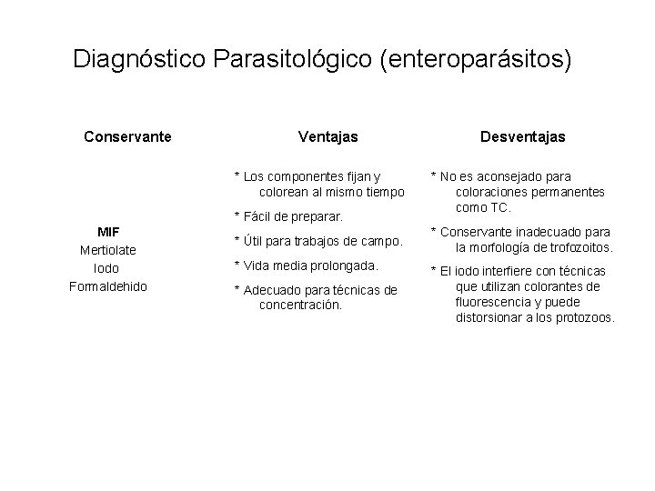 Diagnóstico Parasitológico (enteroparásitos) Conservante Ventajas * Los componentes fijan y colorean al mismo tiempo