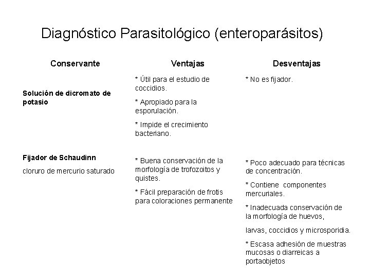 Diagnóstico Parasitológico (enteroparásitos) Conservante Solución de dicromato de potasio Ventajas * Útil para el