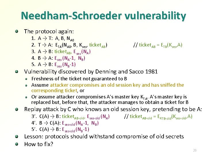 Needham-Schroeder vulnerability The protocol again: 1. 2. 3. 4. 5. A → T: A, Needham-Schroeder vulnerability The protocol again: 1. 2. 3. 4. 5. A → T: A,