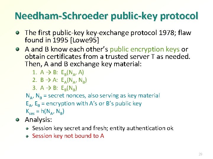 Needham-Schroeder public-key protocol The first public-key key-exchange protocol 1978; flaw found in 1995 [Lowe Needham-Schroeder public-key protocol The first public-key key-exchange protocol 1978; flaw found in 1995 [Lowe