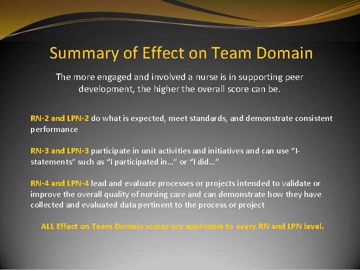 Summary of Effect on Team Domain The more engaged and involved a nurse is Summary of Effect on Team Domain The more engaged and involved a nurse is
