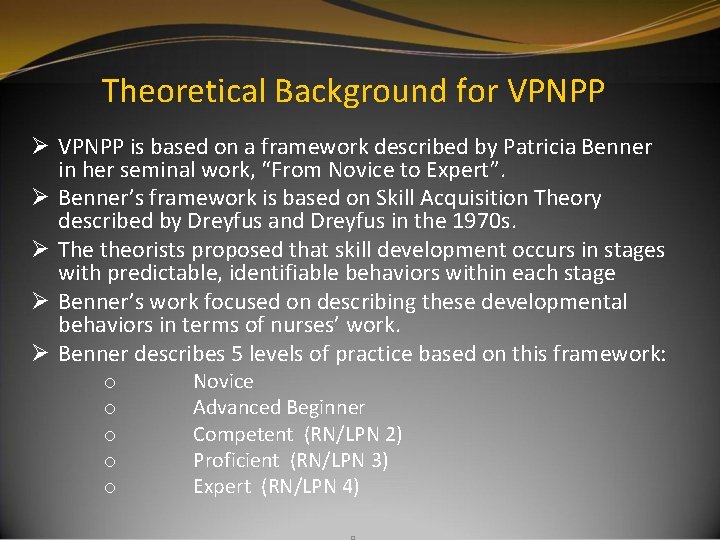 Theoretical Background for VPNPP Ø VPNPP is based on a framework described by Patricia Theoretical Background for VPNPP Ø VPNPP is based on a framework described by Patricia