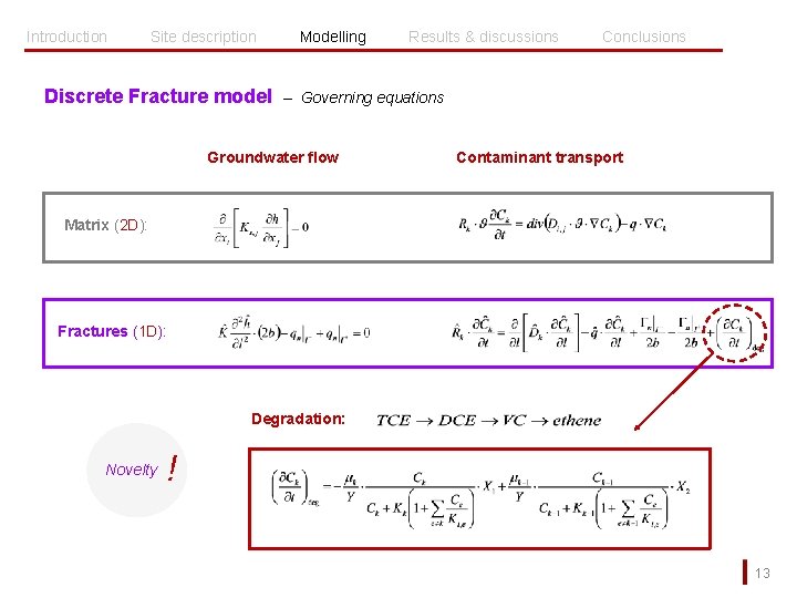 Introduction Site description Discrete Fracture model Modelling Results & discussions Conclusions – Governing equations