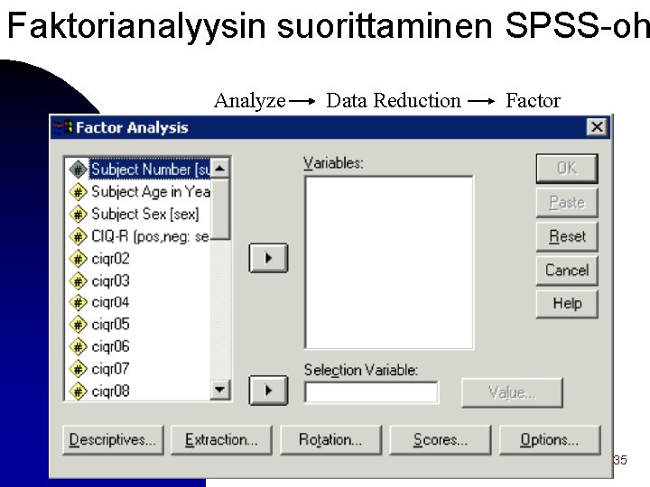 Faktorianalyysin suorittaminen SPSS-oh Analyze Data Reduction Factor 35 
