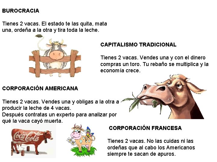 BUROCRACIA Tienes 2 vacas. El estado te las quita, mata una, ordeña a la