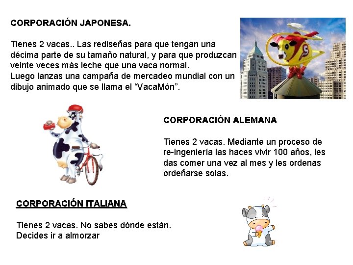 CORPORACIÓN JAPONESA. Tienes 2 vacas. . Las rediseñas para que tengan una décima parte