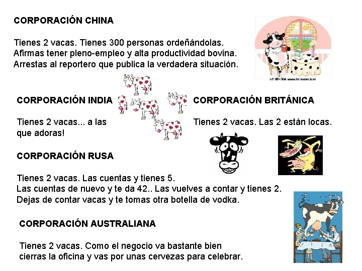 CORPORACIÓN CHINA Tienes 2 vacas. Tienes 300 personas ordeñándolas. Afirmas tener pleno-empleo y alta