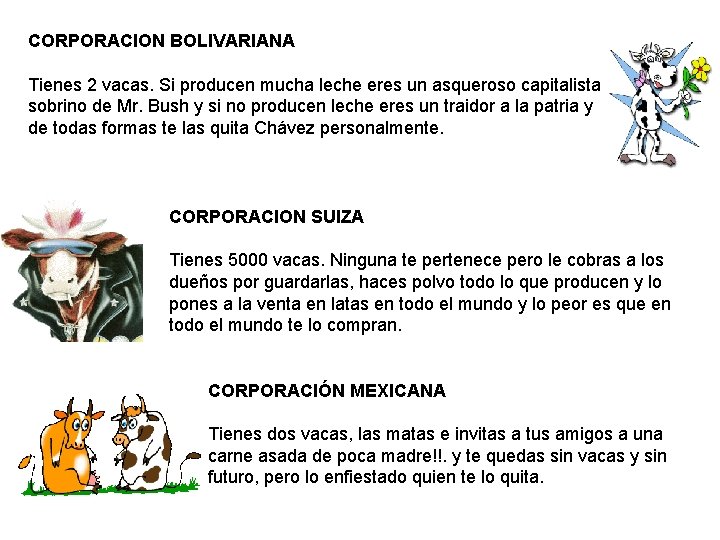 CORPORACION BOLIVARIANA Tienes 2 vacas. Si producen mucha leche eres un asqueroso capitalista sobrino