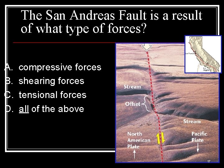 The San Andreas Fault is a result of what type of forces? A. B.