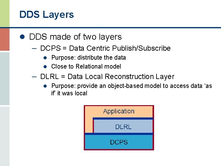 DDS Layers l DDS made of two layers – DCPS = Data Centric Publish/Subscribe