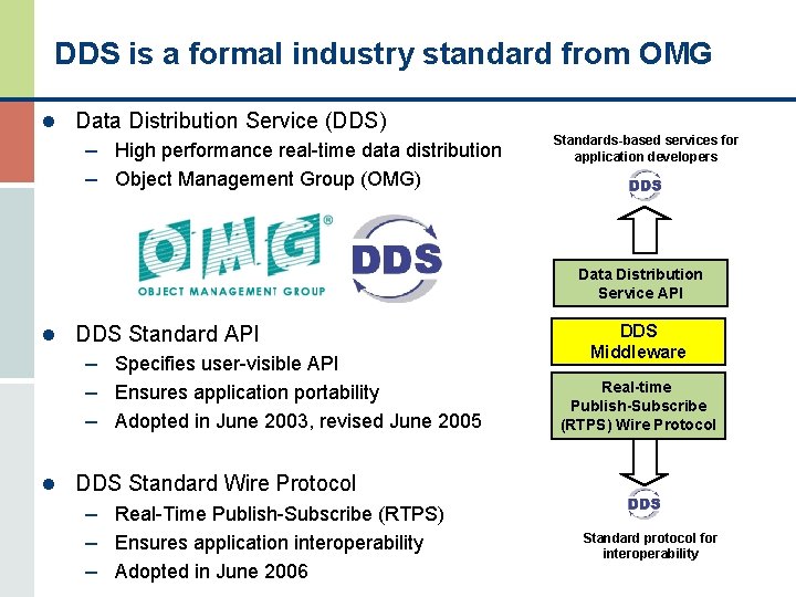 DDS is a formal industry standard from OMG l Data Distribution Service (DDS) –