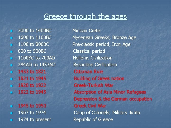 Greece through the ages n n n n 3000 to 1400 BC 1600 to