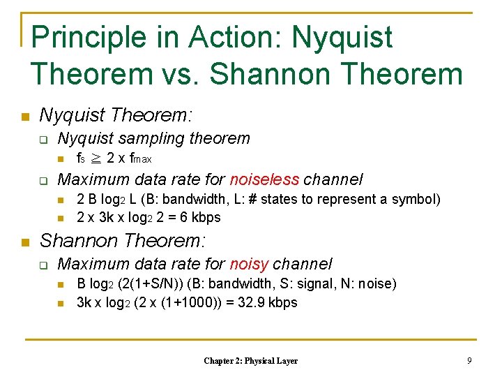 Principle in Action: Nyquist Theorem vs. Shannon Theorem n Nyquist Theorem: q Nyquist sampling