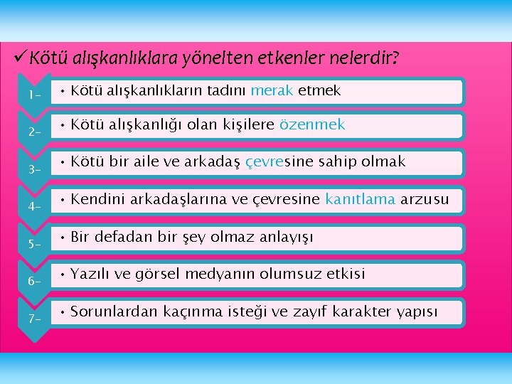 üKötü alışkanlıklara yönelten etkenler nelerdir? 1 - • Kötü alışkanlıkların tadını merak etmek 2