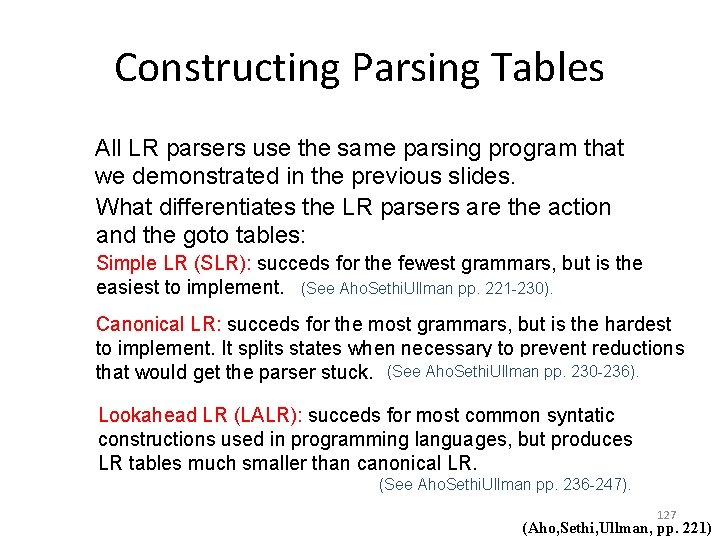 Constructing Parsing Tables All LR parsers use the same parsing program that we demonstrated