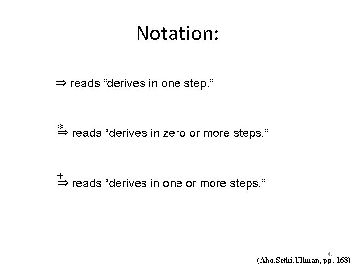 Notation: ⇒ reads “derives in one step. ” ∗ ⇒ reads “derives in zero