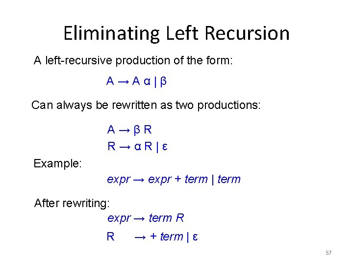 Eliminating Left Recursion A left-recursive production of the form: A→Aα|β Can always be rewritten