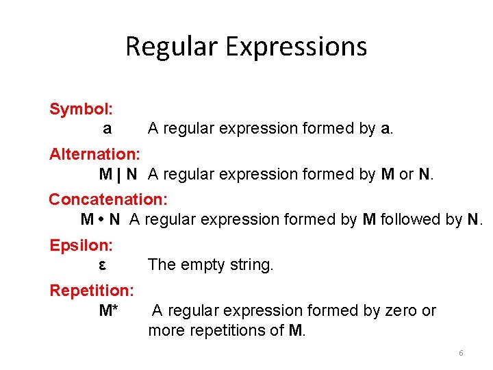 Regular Expressions Symbol: a A regular expression formed by a. Alternation: M | N