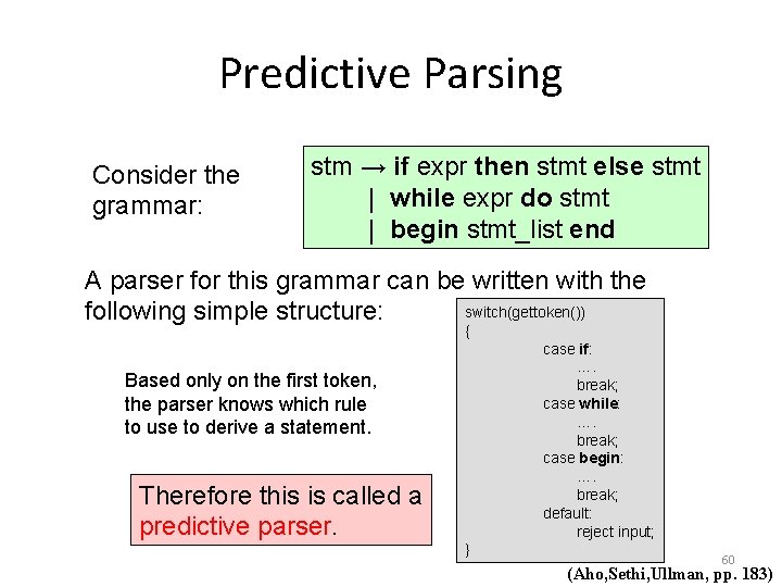 Predictive Parsing Consider the grammar: stm → if expr then stmt else stmt |