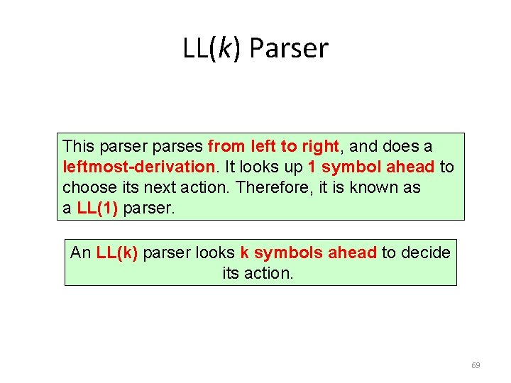 LL(k) Parser This parser parses from left to right, and does a leftmost-derivation. It