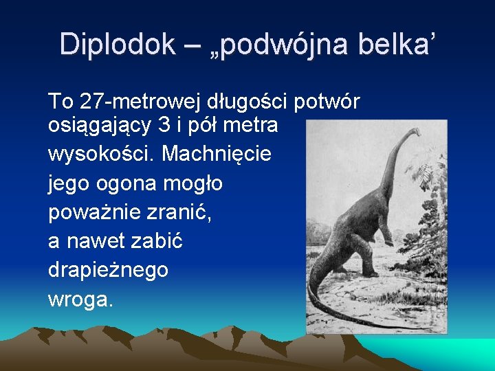 Diplodok – „podwójna belka’ To 27 -metrowej długości potwór osiągający 3 i pół metra