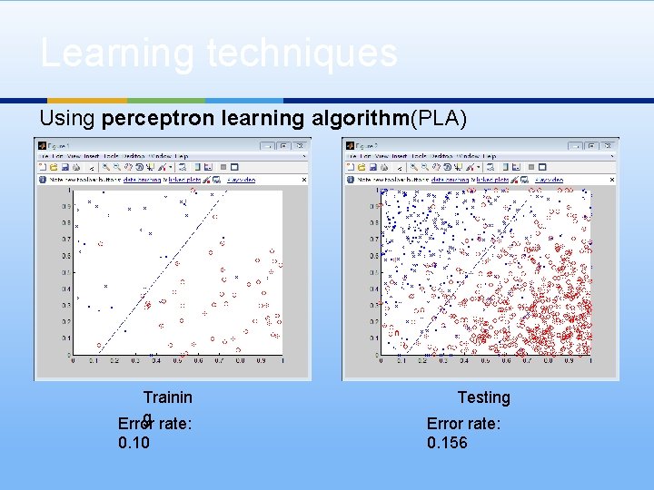 Learning techniques Using perceptron learning algorithm(PLA) Trainin g Error rate: 0. 10 Testing Error