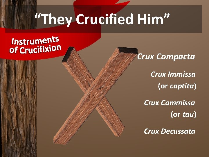 “They Crucified Him” Crux Compacta Crux Immissa (or captita) Crux Commissa (or tau) Crux