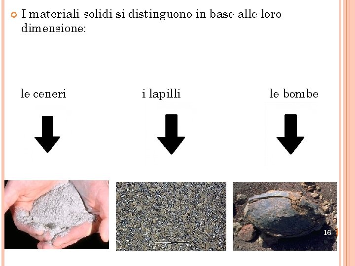  I materiali solidi si distinguono in base alle loro dimensione: le ceneri i