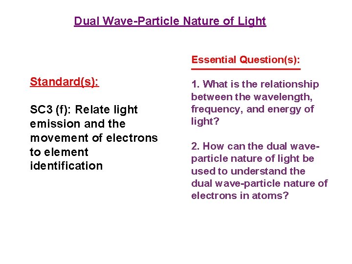 Dual Wave-Particle Nature of Light Essential Question(s): Standard(s): SC 3 (f): Relate light emission