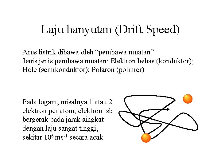 Laju hanyutan (Drift Speed) Arus listrik dibawa oleh “pembawa muatan” Jenis jenis pembawa muatan: