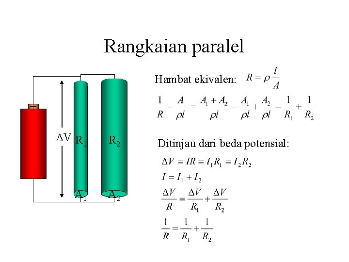 Rangkaian paralel Hambat ekivalen: + V R 1 R 2 A 1 A 2