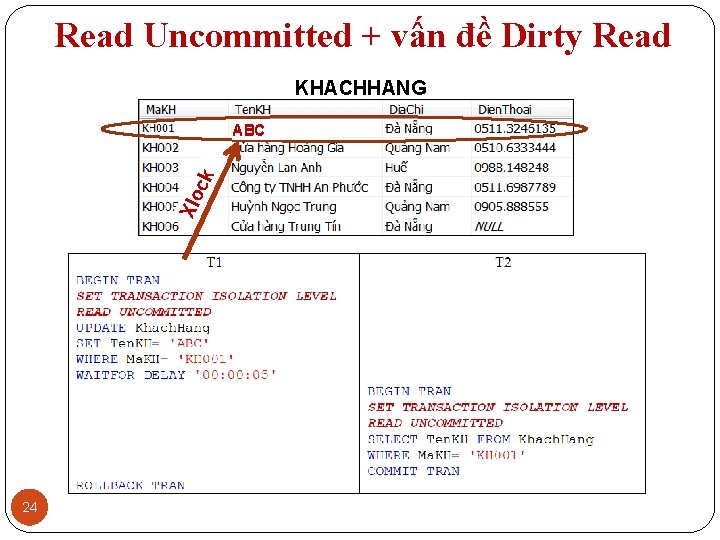 Read Uncommitted + vấn đề Dirty Read KHACHHANG Xlo ck ABC 24 