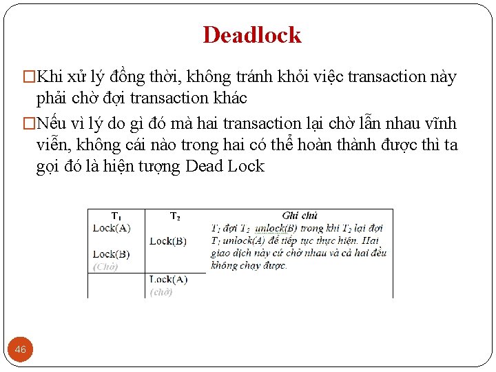 Deadlock �Khi xử lý đồng thời, không tránh khỏi việc transaction này phải chờ