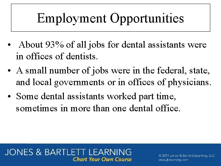 Employment Opportunities • About 93% of all jobs for dental assistants were in offices Employment Opportunities • About 93% of all jobs for dental assistants were in offices