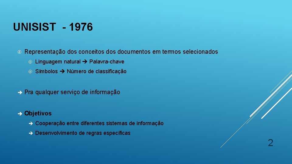 UNISIST - 1976 Representação dos conceitos documentos em termos selecionados Linguagem natural Palavra-chave Símbolos