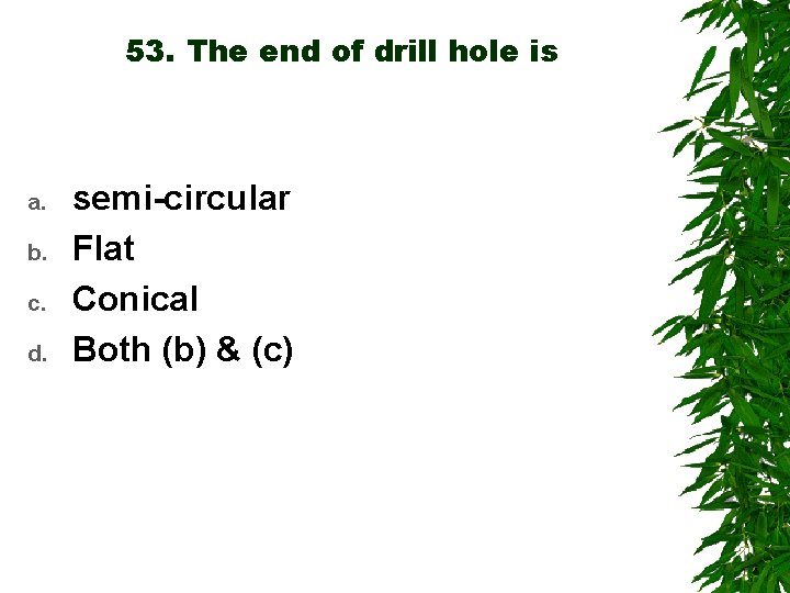 53. The end of drill hole is a. b. c. d. semi-circular Flat Conical