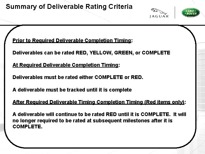 Summary of Deliverable Rating Criteria Prior to Required Deliverable Completion Timing: Deliverables can be