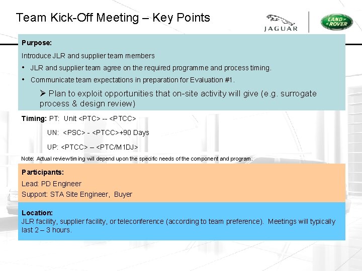 Team Kick-Off Meeting – Key Points Purpose: Introduce JLR and supplier team members •