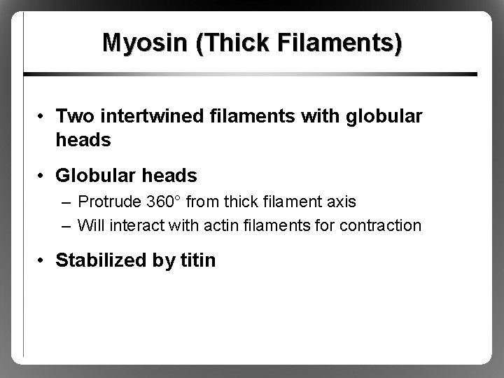 Myosin (Thick Filaments) • Two intertwined filaments with globular heads • Globular heads –