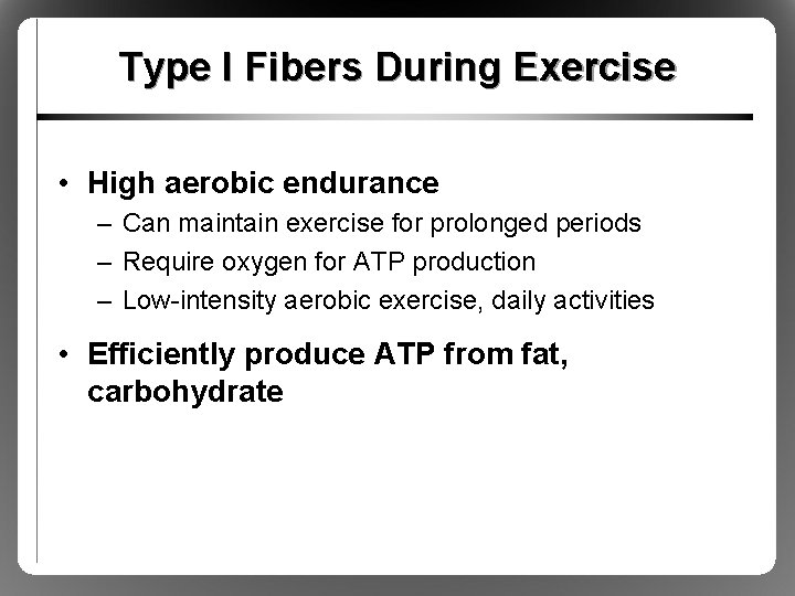 Type I Fibers During Exercise • High aerobic endurance – Can maintain exercise for