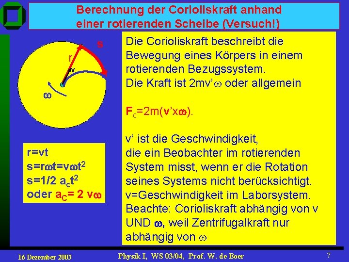  Berechnung der Corioliskraft anhand einer rotierenden Scheibe (Versuch!) Die Corioliskraft beschreibt die s