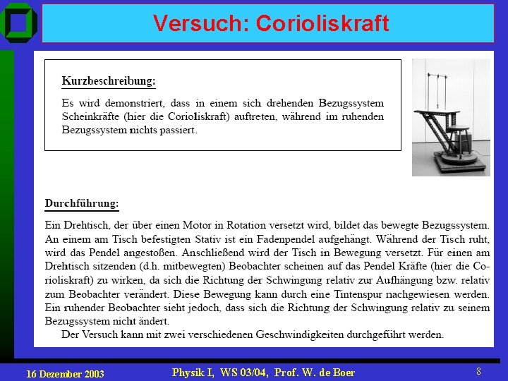 Versuch: Corioliskraft 16 Dezember 2003 Physik I, WS 03/04, Prof. W. de Boer 8