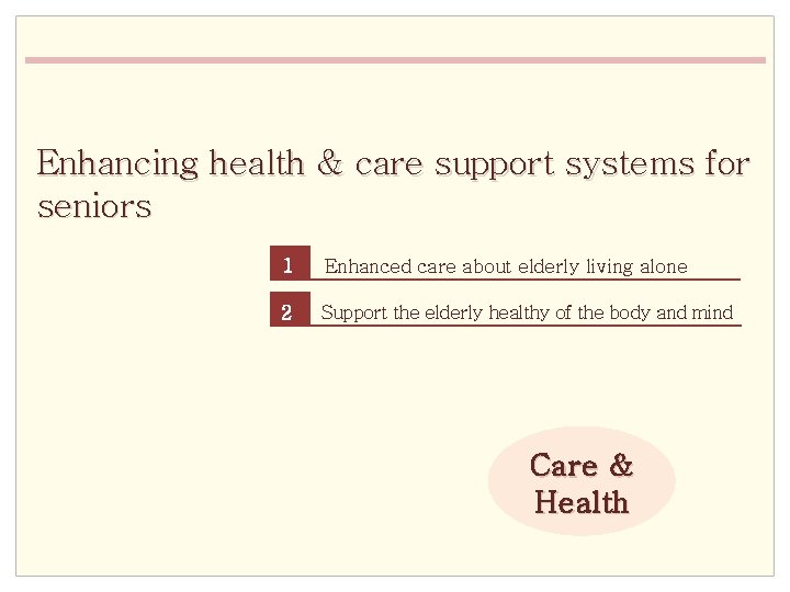 Enhancing health & care support systems for seniors 1 Enhanced care about elderly living