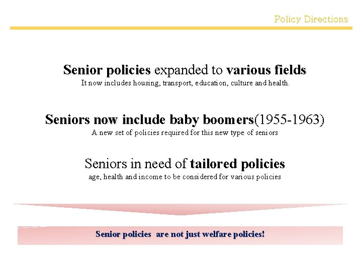 Policy Directions Senior policies expanded to various fields It now includes housing, transport, education,