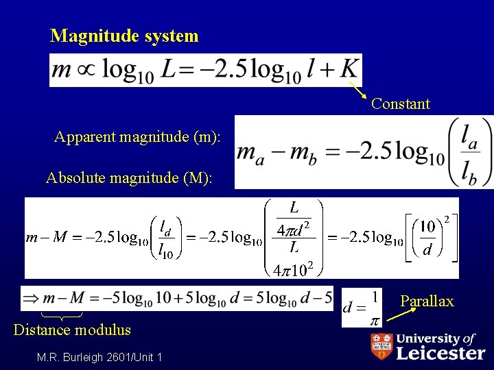Magnitude system Constant Apparent magnitude (m): Absolute magnitude (M): Parallax Distance modulus M. R.