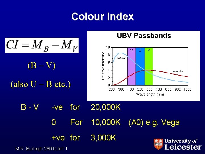 Colour Index (B – V) (also U – B etc. ) B-V -ve for