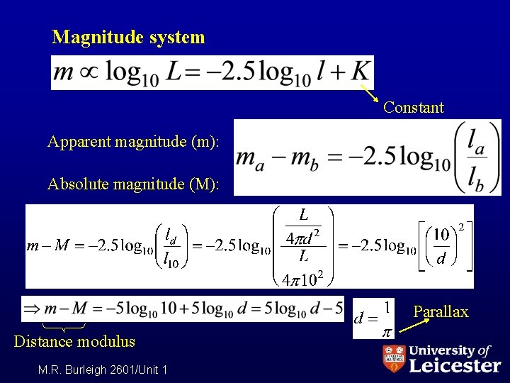 Magnitude system Constant Apparent magnitude (m): Absolute magnitude (M): Parallax Distance modulus M. R.