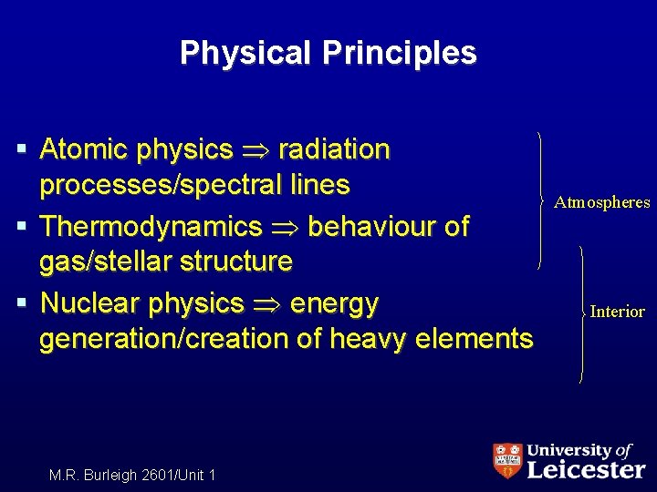 Physical Principles § Atomic physics radiation processes/spectral lines § Thermodynamics behaviour of gas/stellar structure